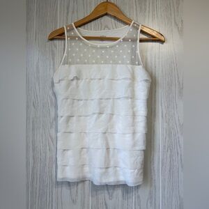 LOFT Tiered Ruffle Tank SP – White Dot Mesh Overlay, Layered Ruffle Front – EUC